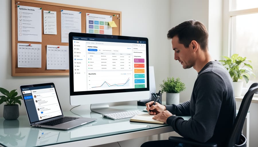 Overhead view of business team collaborating on backlink strategy documents at conference table