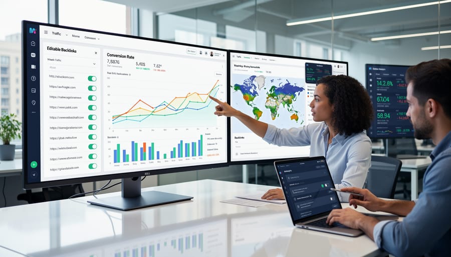 Multiple computer monitors showing ecommerce websites and analytics in modern office workspace