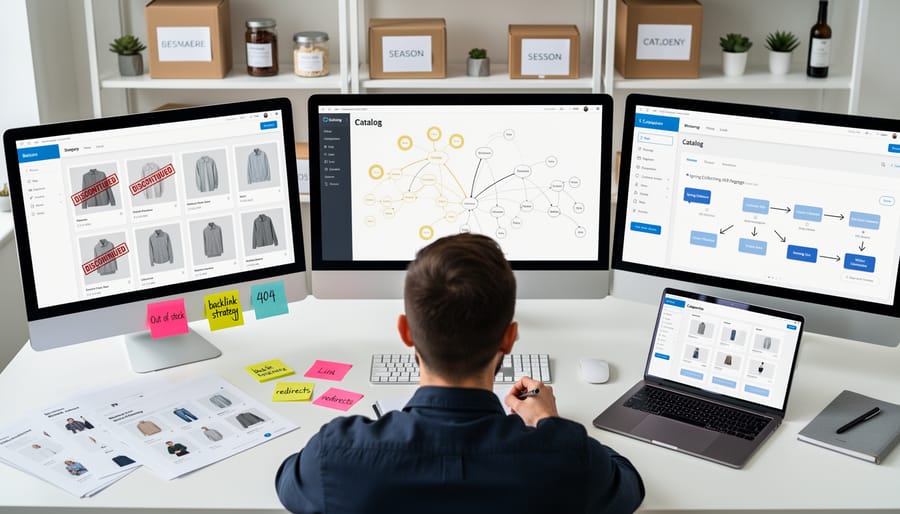 Ecommerce business owner reviewing analytics at desk with shipping boxes in background