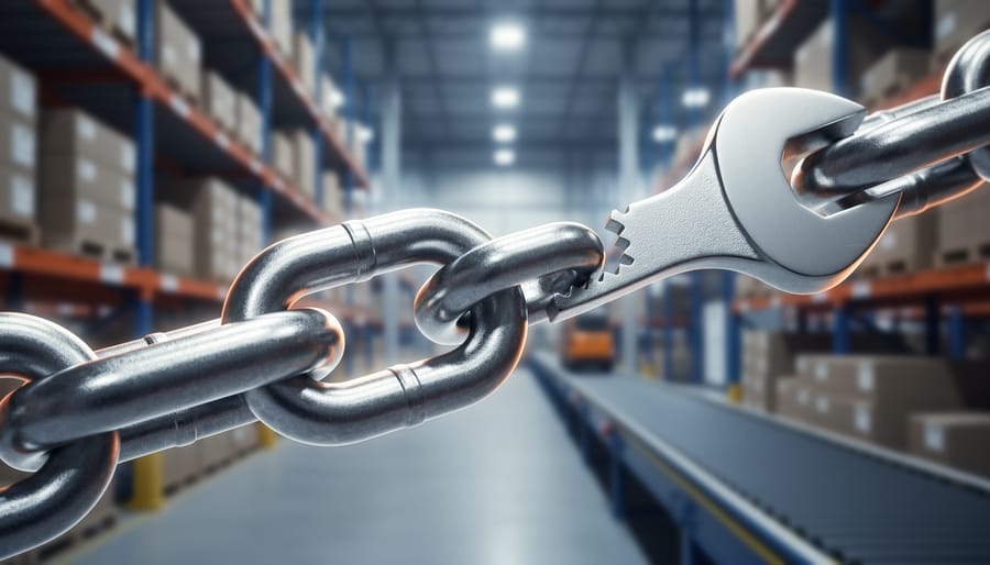Close-up of a chrome wrench tightening a metal chain link with blurred ecommerce parcels and warehouse background, symbolizing editable backlinks guiding traffic effectively.