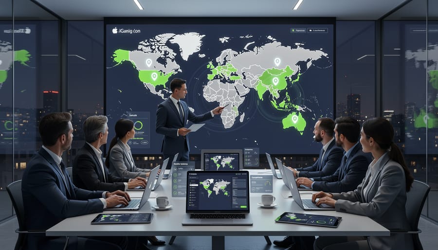 Smartphone displaying global map with location markers representing geographic advertising targeting