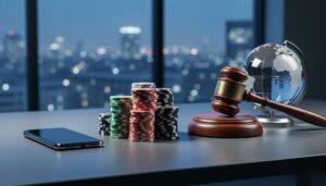 Poker chips, a smartphone with screen off, a judge’s gavel, and a glass globe on a modern desk under dramatic side lighting, with blurred city lights in the background, representing compliant, global iGaming advertising strategies.