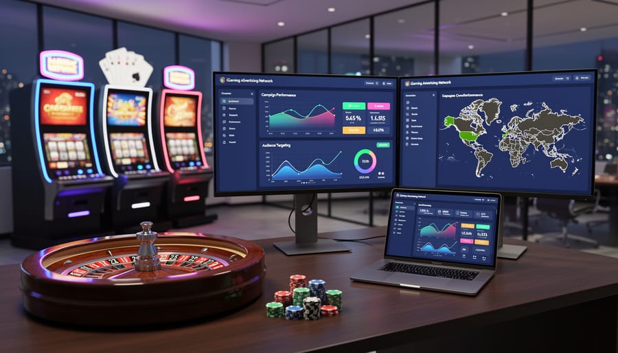 Laptop with digital marketing dashboard surrounded by casino gaming elements including poker chips and dice