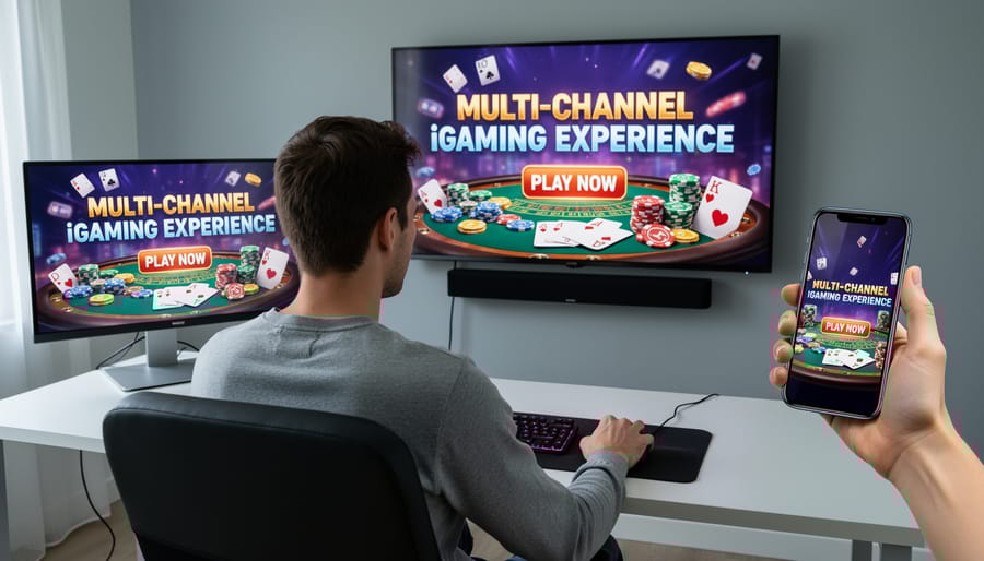 Multiple digital devices including desktop, tablet, and smartphones displaying coordinated advertising campaigns