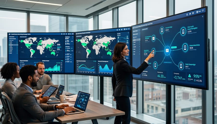 Marketing professionals collaborating with digital advertising technology and analytics displays