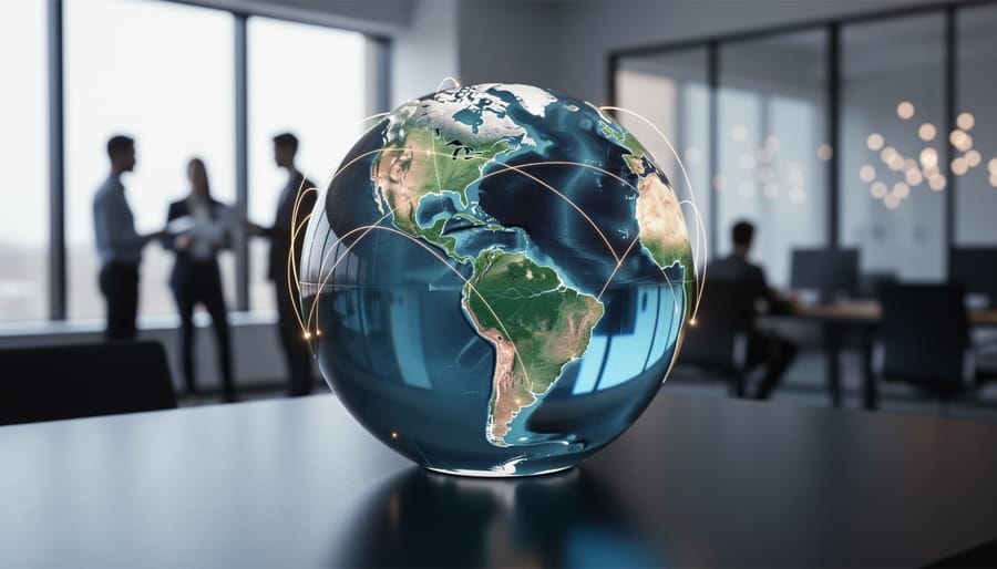 Glass globe highlighting the Americas with glowing connection arcs on a desk, with blurred silhouettes of a diverse marketing team in a modern office, suggesting cross-border advertising reach