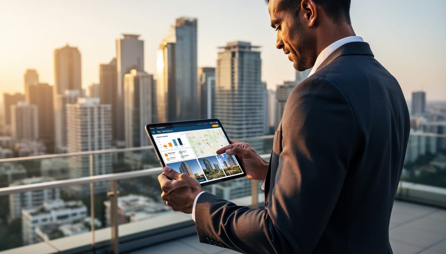 Commercial property investor holding a tablet near a window with a blurred city skyline