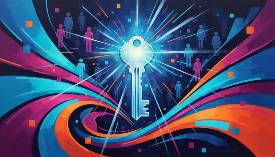 A glowing key-shaped light form symbolising search intent and conversion in digital advertising