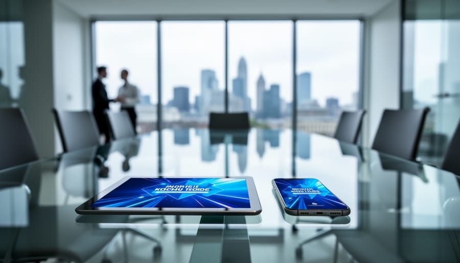 Modern UK commercial office interior with a tablet and smartphone on a glass meeting table, suggesting digital advertising for property buyers.