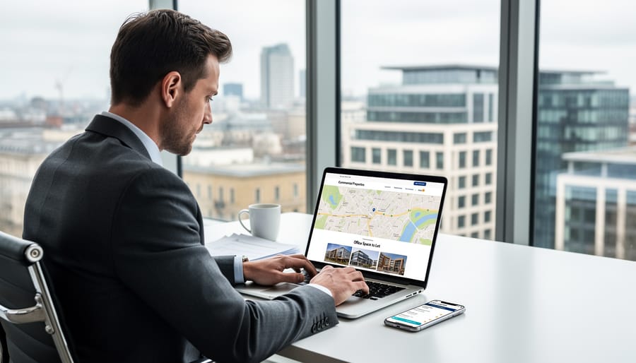 A person researching commercial property on a laptop and smartphone at a UK office desk