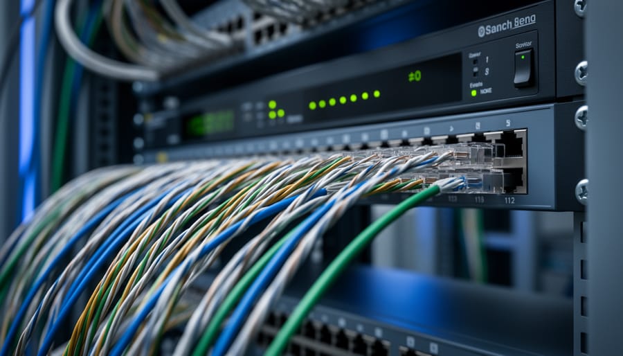 Close-up view of fiber-optic cables and a cable junction in a data center rack.