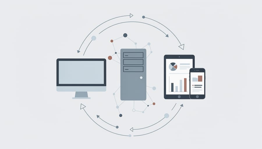 Flat-lay view of smartphone, tablet, and laptop arranged as an integrated digital marketing system
