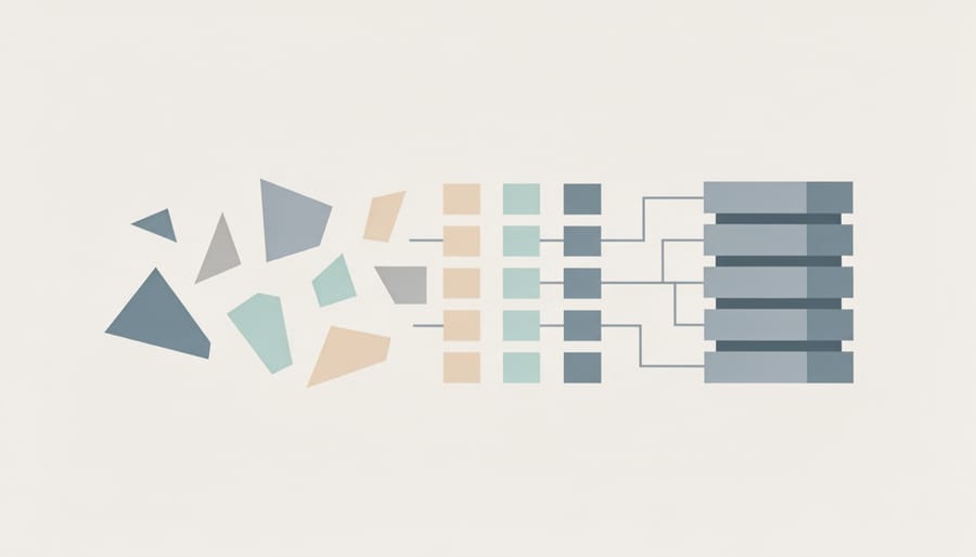 Glass mosaic fragments merging into a unified stream of beads representing harmonized data