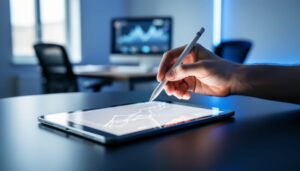 “A marketing professional using a tablet with abstract organic search signal visuals in a modern office setting, representing SEO marketing strategy and measurable growth.”