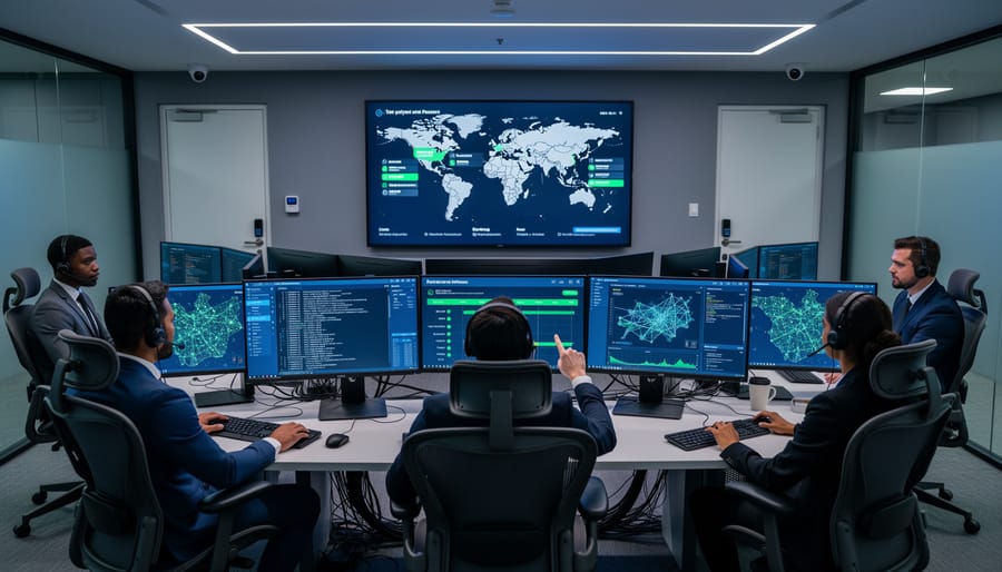 Technician monitoring a data center operations console in a control room.