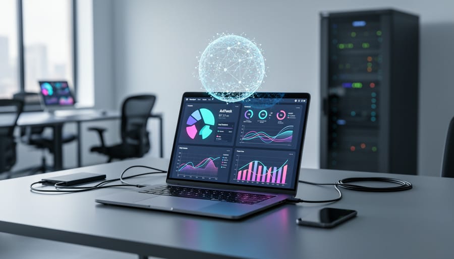 Modern ad-tech workspace with a laptop showing non-text dashboards, blurred server rack lights, and a glowing network of connected nodes representing harmonized data integration.