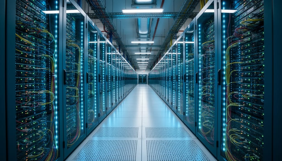Wide view of a modern data center aisle with server racks and cooling airflow.