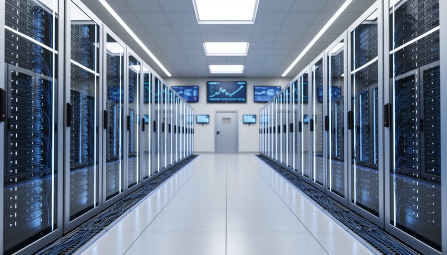 Wide low-angle view of a modern data center aisle with rows of server racks and subtle blue lighting accents.
