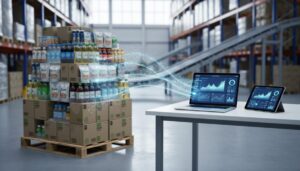“Warehouse pallets of packaged goods with a laptop and tablet on a desk, surrounded by glowing light data streams representing CPG data analytics.”