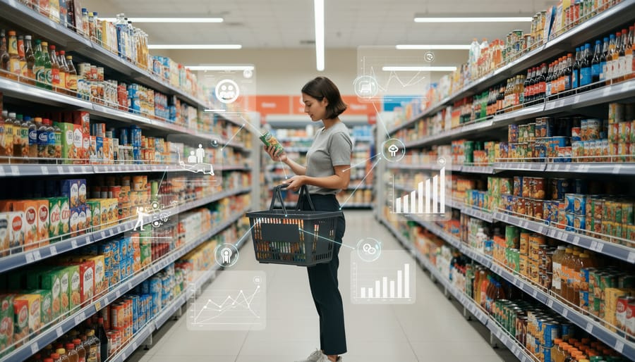 A shopper holding a basket and loyalty card while standing in a supermarket aisle.