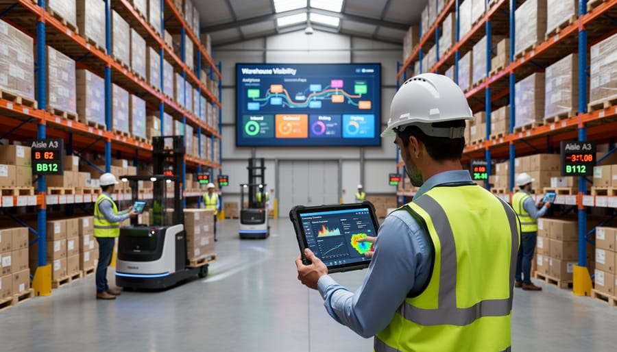 A warehouse logistics worker scanning pallets in a refrigerated storage facility.