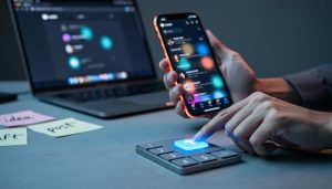 Close-up of hands using a smartphone with a glowing interface-like light, symbolizing early Reddit upvote traction and engagement momentum.