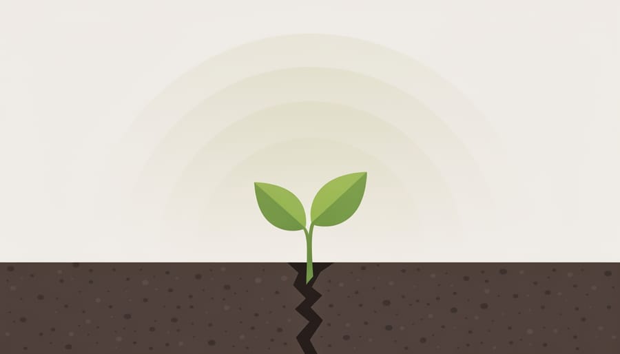 Seedling emerging from dark soil symbolizing early traction leading to growth and visibility.