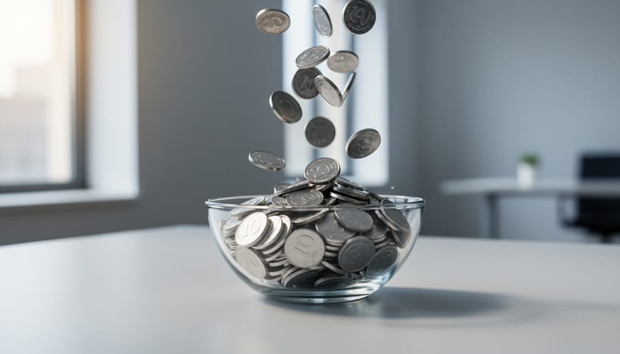 Glossy tokens dropping into a glass bowl symbolizing concentrated early engagement and attention.